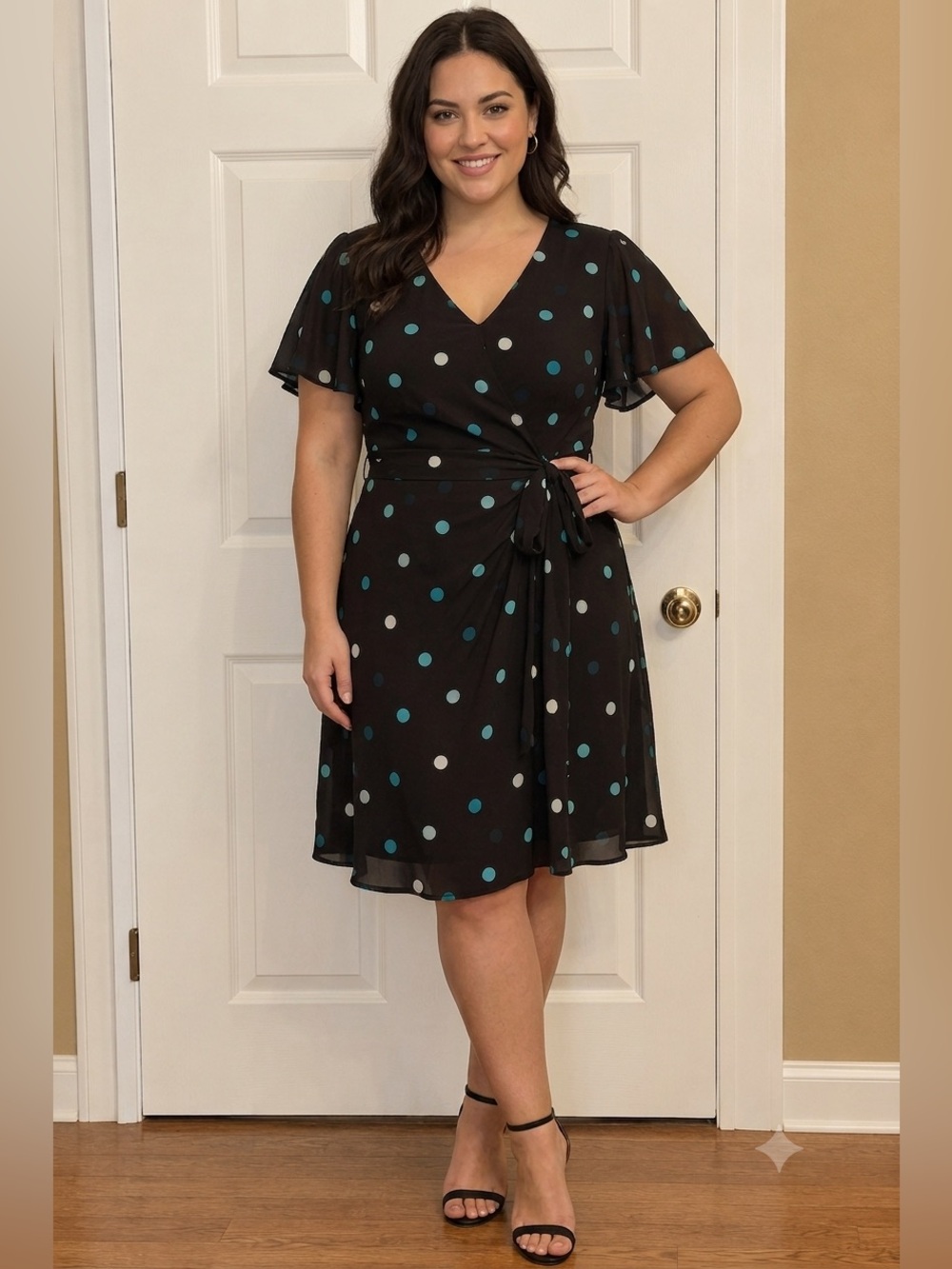Lane Bryant Black Dress with Teal & White Polka Dots. Euc